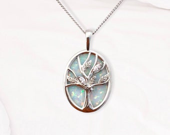 **UK**NEW**GORGEOUS TREE OF LIFE WHITE FIRE OPAL 925 SILVER PENDANT 20 CHAIN 