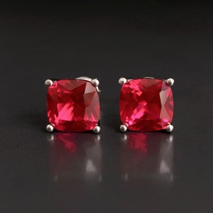 Ruby Red Cushion 7*7mm Stud Earrings, Sterling Silver Gemstone Earrings, July Birthstone Gift, Gemstone Jewellery