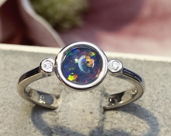 Australian Black Opal Ring Sterling Silver | Fire Rainbow Opal Jewelry | Ethical Mined Opal | October Birthstone Gift, Engagement Ring