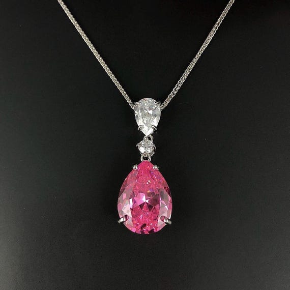 Pink Topaz Necklaces, White Gold Necklace Pink Diamond, Teardrop Necklaces,  Pink Gemstone Necklaces, Bridal necklace, Pink Wedding Jewelry