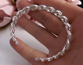 Twist Bangle, Solid Sterling Silver Bracelet Cuff Bangle, Chunky