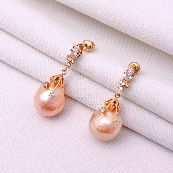 Sterling Silver Baroque Pearl Drop Earrings, Pink Pearl Earrings with Diamond Simulants, Modern Design Earrings, Long Dangle Drop Earring