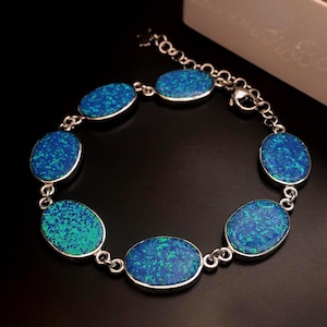 Großes blaues Opal-Armband aus massivem Sterlingsilber, Opalarmband für Mama, Opalschmuck, großes Silberarmbandgeschenk für Oktober-Geburtstagsgeschenk