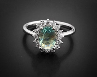 BLOOM Aquamarine Ring, Silver Ring White Gold Ring, Halo Ring Engagement Ring, Promise Ring, Wedding Anniversary Ring, March birthstone Ring