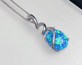 BELLE Blue Opal Necklace, October Birthstone Pendant, Sterling Silver Pendant, Blue Opal Cabochon, Opal Jewelry, Anniversary Gift