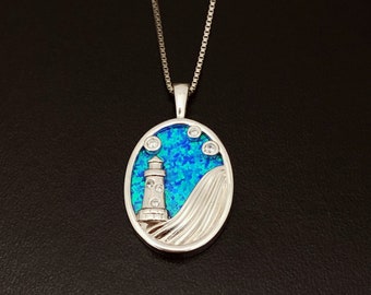 Collana In Argento 925 Con Ciondolo Faro E Opale Blu - Regalo Donna