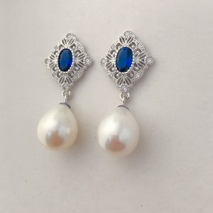 Blue Sapphire and pearl Earrings, Sterling Silver Gemstone Earrings, Silver drop Earrings, Sapphire Earrings, September birthstone