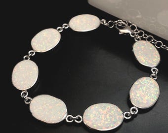 Fire Opal Solid Sterling Silver Bracelet, Fire Opal Bracelet for Mum, Opal Jewellery, Large Silver Bracelet gift for October birthday gift