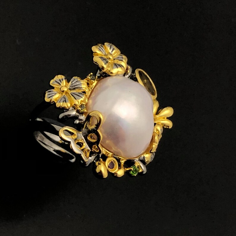 Petal Baroque Pearl Ring Statement Pearl Ring 22ct Gold Leaf | Etsy