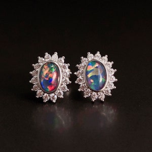 Australian Black Opal Silver Stud Earrings, October Birthstone, Real Opal Stud Earrings, genuine Opal natural Opal Cabochon Opal Earrings