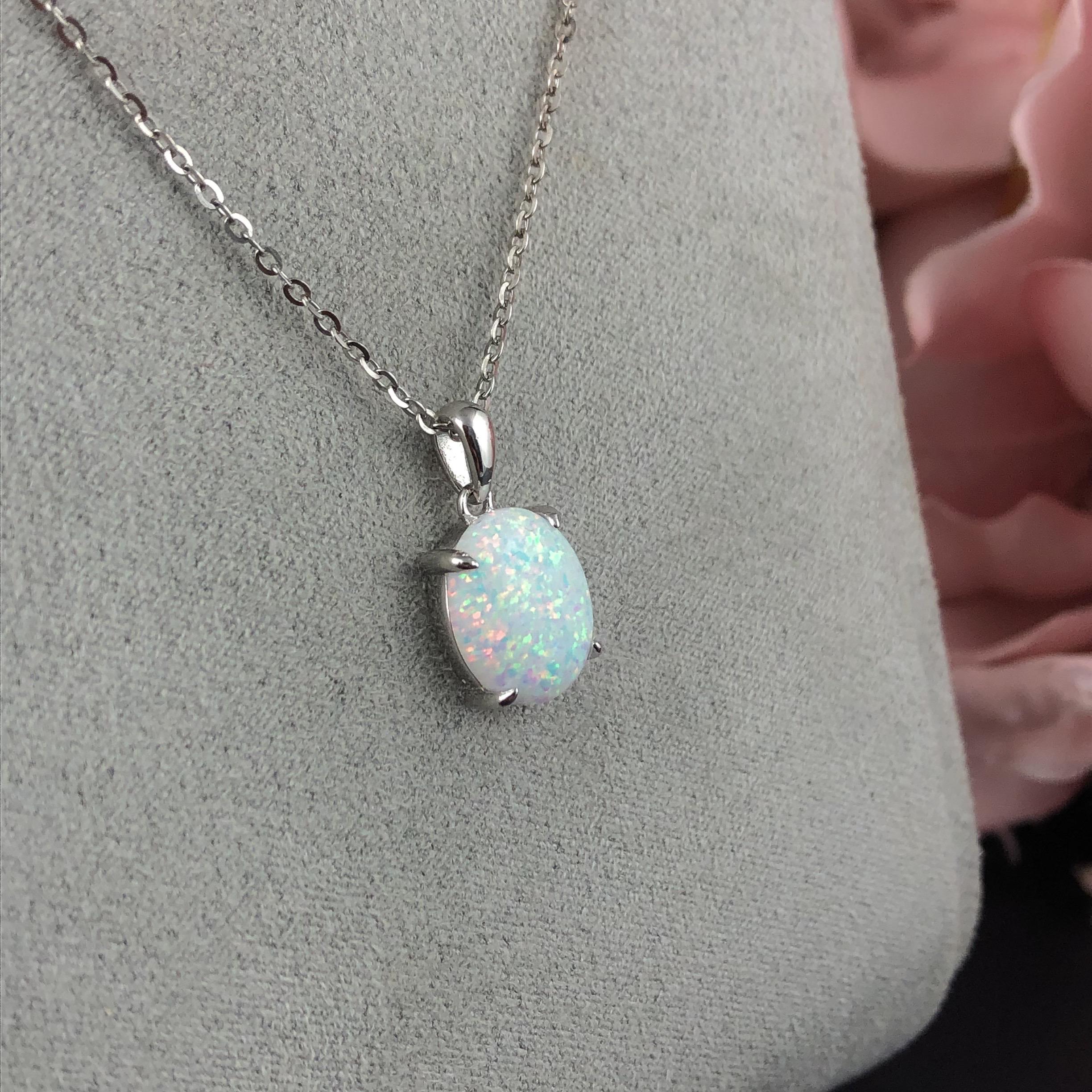 Oval Fire Opal Necklace, October Birthstone Necklace, Sterling