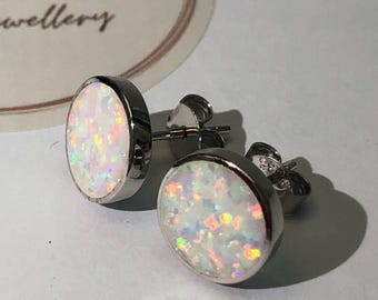 Orecchini a bottone in argento sterling con opale di fuoco da 10 mm, orecchini a bottone in opale, gioielli minimalisti, orecchini a disco, orecchini a bottone in argento sterling, orecchini a bottone con pietre preziose