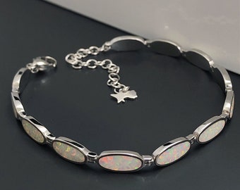 Fire Opal Solid Sterling Silver Bracelet - Opal Bracelet- Opal Jewellery - Silver Bracelet- Gemstone Bracelet