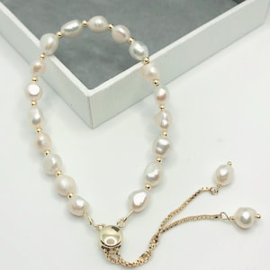 Cultured Freshwater Pearl Bracelet, 18K Yellow Gold Vermeil Genuine Pearl jewellery, June Birthstone. Christmas gift for wife, Bridal gifts