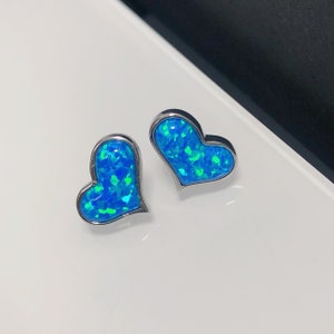 10 * 11 mm Blauer Opal Sterling Silber Ohrstecker, Blauer Opal Ohrstecker, Silber Herz Ohrringe, Oktober Birthstone Ohrringe, Liebe Herz Ohrringe