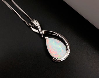 RACHEL Fire Opal Necklace, October Birthstone Pendant, sterling silver pendant, white opal Cabochon, Opal Jewelry, Anniversary Gift