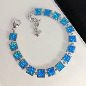 Blue Opal Solid Sterling Silver Bracelet, Fire Opal Bracelet- Opal Jewellery - Square Silver Bracelet- Gemstone Bracelet