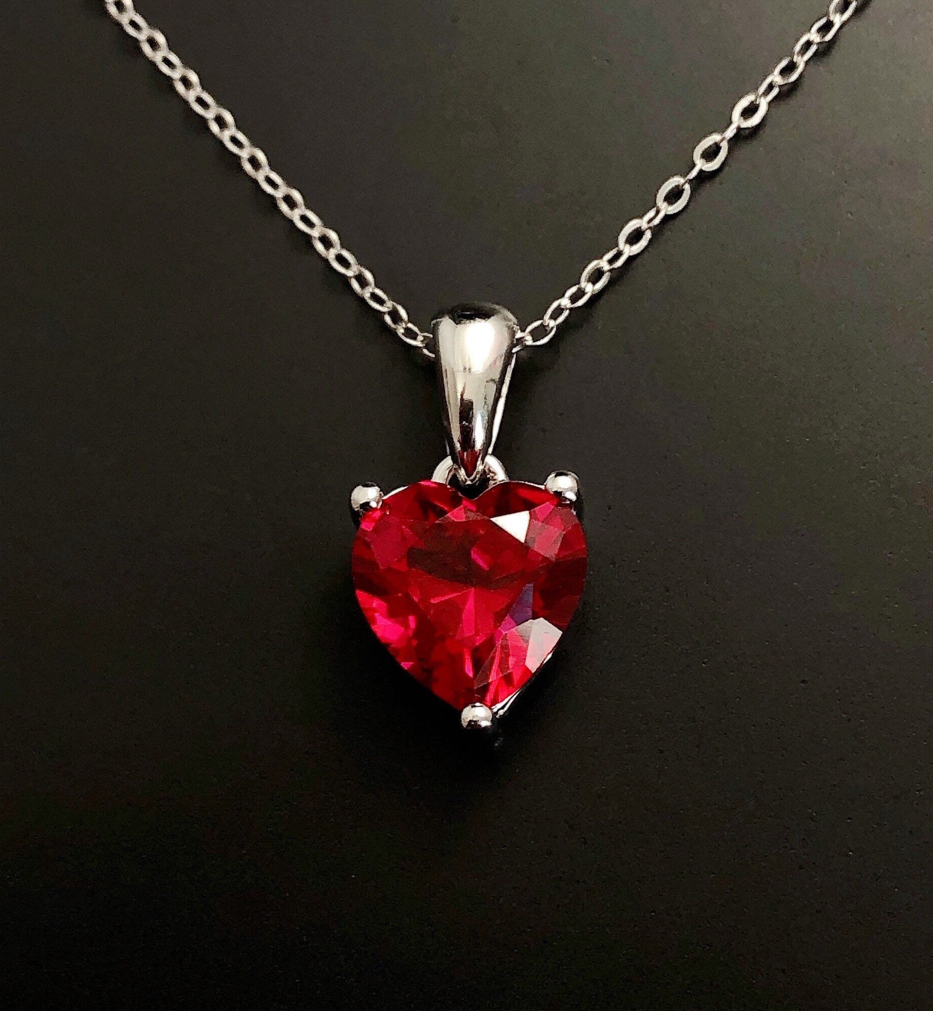 Ruby Necklace, Silver Love Heart Necklace, Silver Pendant