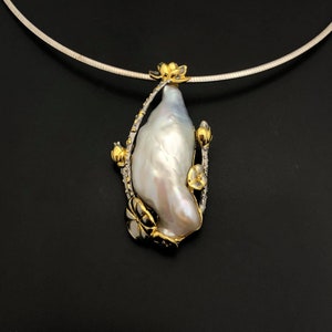 Baroque Pearl Floral Pendant, Statement Pearl Necklace, Sterling Silver, 22ct Gold Leaf Pendant, Baroque Pearl Necklace, Floral Pendant