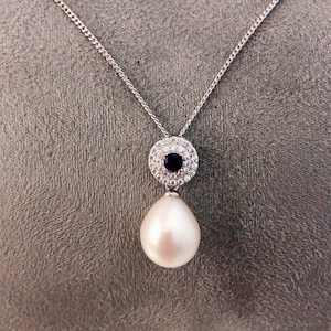 Blue Sapphire and pearl necklace - Sterling Silver Gemstone Necklace - Silver Pendant - Sapphire Pendant - September birthstone