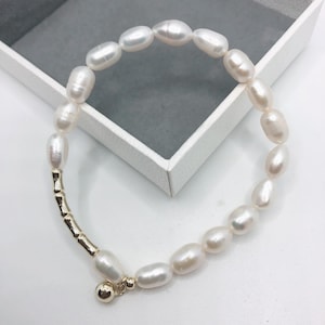 Cultured Freshwater Pearl Bracelet, 18K Yellow Gold Vermeil Genuine Pearl jewellery, June Birthstone. Christmas gift for wife, Bridal gifts