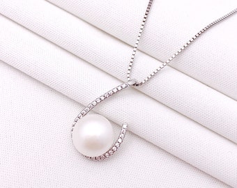 Élégante perle de culture d'eau douce en argent sterling, plaqué or blanc, collier de perles avec diamants stimulants, pendentif pierre de naissance juin