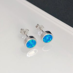 6mm Blue Opal Sterling Silver Stud Earrings, Opal Studs, Minimalist Jewelry, Disc Earrings, Sterling Silver studs, Gemstone stud earrings