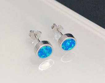 6mm Blue Opal Sterling Silver Stud Earrings, Opal Studs, Minimalist Jewelry, Disc Earrings, Sterling Silver studs, Gemstone stud earrings