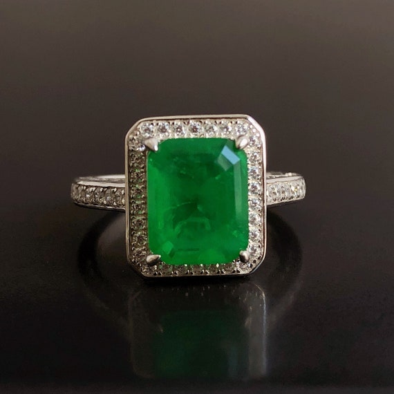 EVA Vintage Emerald Ring,Sterling Silver Cocktail Ring, May birthstone, Rectangular emerald, Green gemstone ring. Emerald engagement ring