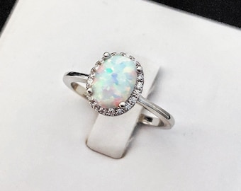 Vintage Fire Opal Ring, White Opal Cabochon Ring with diamond stimulants, Promise Ring, Anniversary Gift, Engagement Ring, Silver Ring