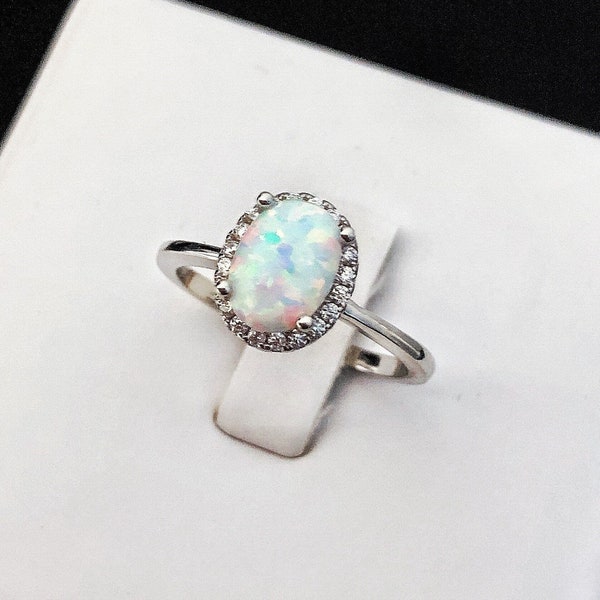 Vintage Fire Opal Ring, White Opal Cabochon Ring with diamond stimulants, Promise Ring, Anniversary Gift, Engagement Ring, Silver Ring