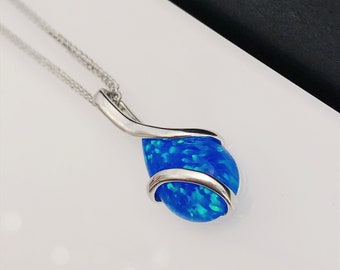 ARIA Blue Opal necklace, October Birthstone Pendant, Sterling Silver Gemstone Pendant, Cabochon opal, Opal jewellery, Anniversary gift