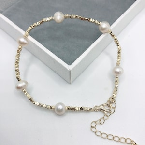 Cultured Freshwater Pearl Bracelet, 14K Yellow Gold Vermeil Bracelet, Genuine Pearl jewellery, June Birthstone. Christmas Gift for daughter