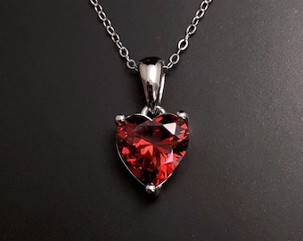 Garnet Necklace, Sterling Silver Love Heart Necklace, January Birthstone necklace, birthday gift, Christmas gift, wedding anniversary gift