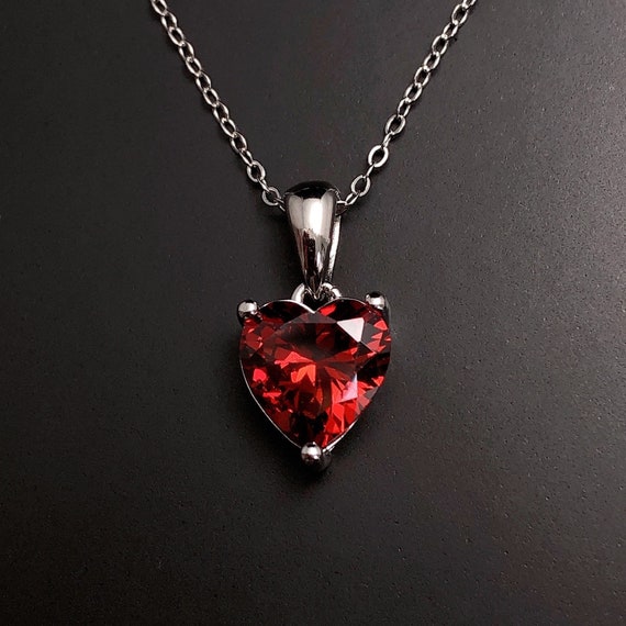 Garnet Necklace, Sterling Silver Love Heart Necklace, January Birthstone necklace, birthday gift, Christmas gift, wedding anniversary gift