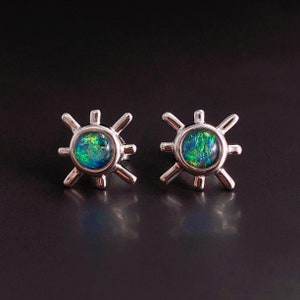 Australian Black Opal Silver Stud Earrings, October Birthstone, Real Opal Stud Earrings, genuine Opal natural Opal Cabochon Opal Earrings