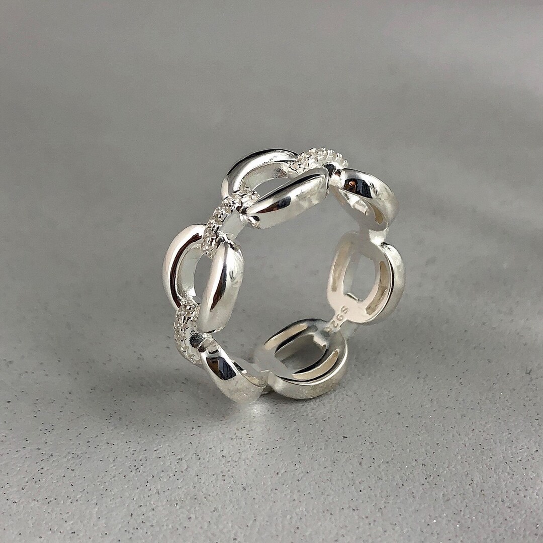Solid Sterling Silver Chain Link Ring - Clear Topaz Accented Band, 925 ...