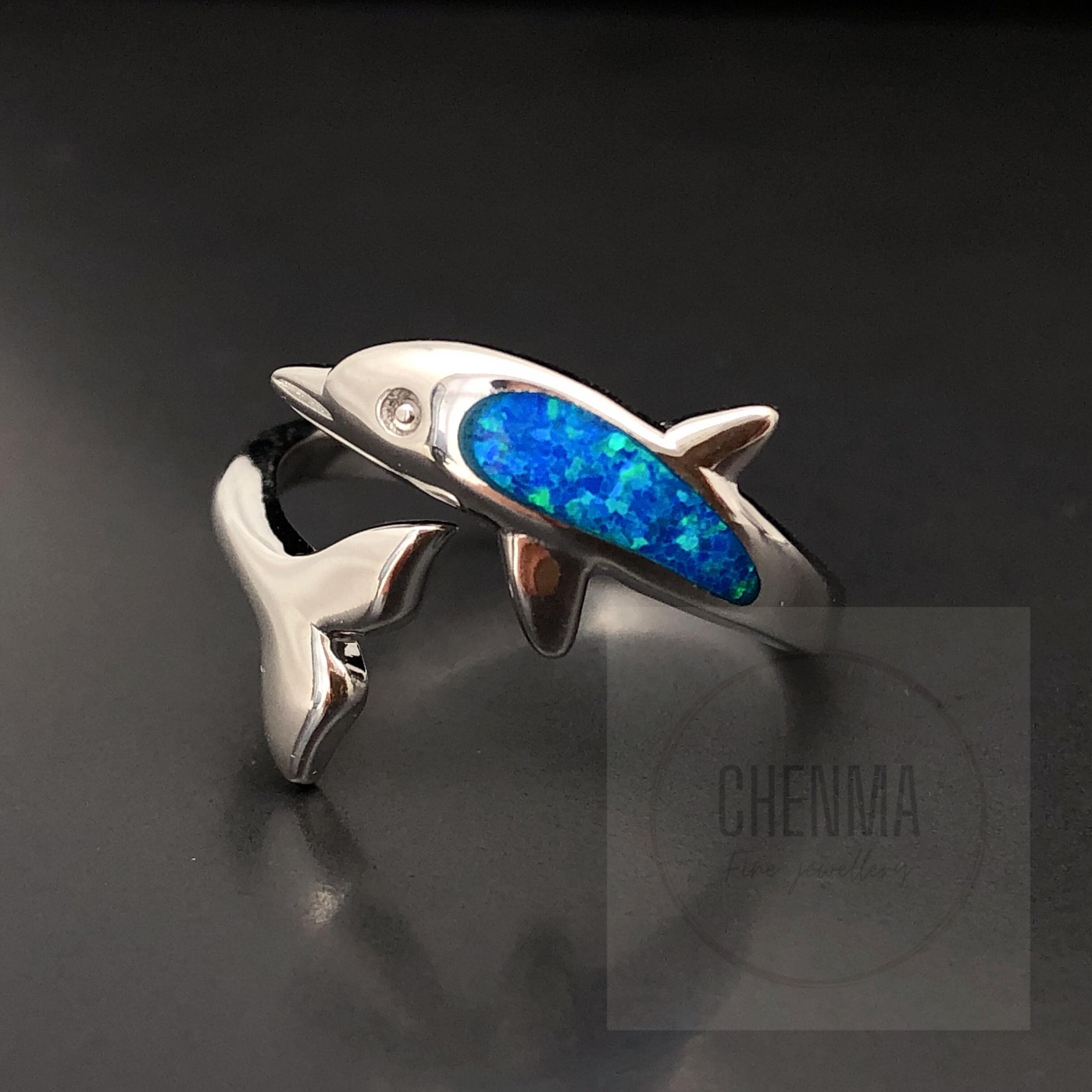 Blue Opal Dolphin Ring Sterling Silver Necklace , Opal Inlay