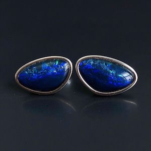 Genuine Australian Black Opal Silver Earrings, October Birthstone, Real Opal Stud Earrings, genuine Opal natural Opal Cabochon Opal Earrings