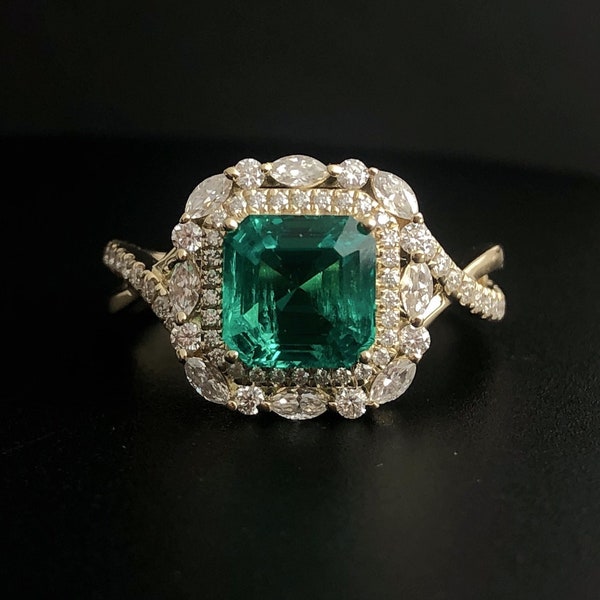 CHARM Vintage Ring Green Emerald Ring, Gold Enerald Ring, May birthstone, Real Emerald Ring, Gemstone Diamond ring. Emerald engagement ring