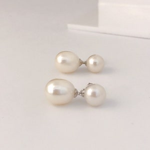 Double Freshwater Pearl Sterling Silver drop earrings, Genuine Cultured Pearl earrings, Real Pearl Earrings, June Birthstone Gift