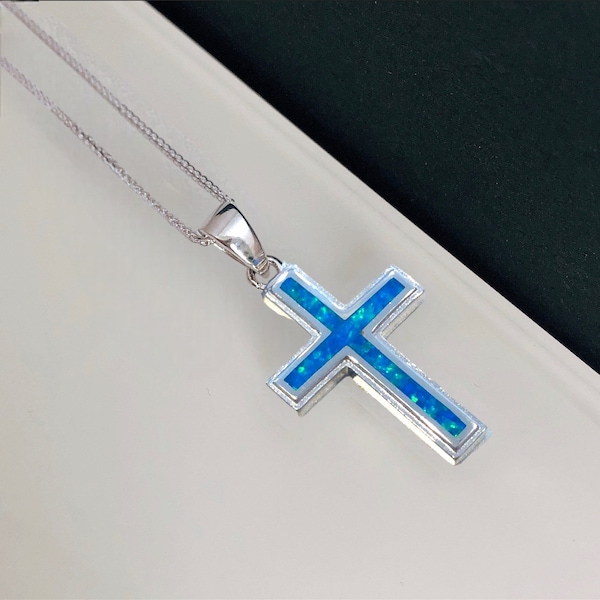 Sterling silver blue opal Cross necklace, October birthstone pendant, silver cross pendant, blue opal cross pendant, sterling silver jewelry