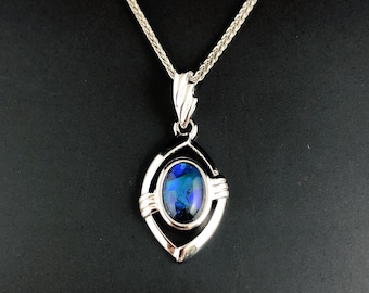 Purple Blue Australian Black Opal Sterling Silver Necklace, October Birthstone, Natural Opal Pendant, Blue Opal Necklace, Opal Jewelry gift