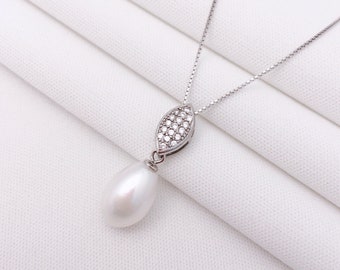 Sterling Silver Cultured Pearl Necklace, Freshwater Pearl Pendant with White Topaz Diamond Simulants, June Birthstone Necklace