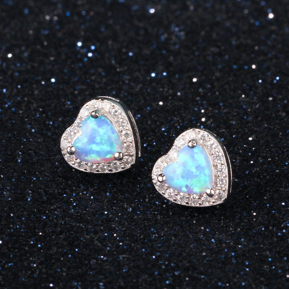 Blue Opal Sterling Silver Heart Earrings Love Heart Studs Etsy