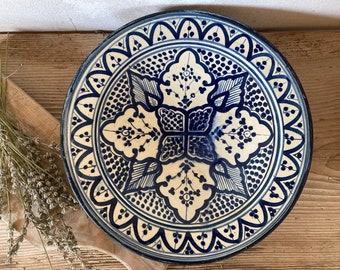 Large Blue and White Glazed Earthenware bowl/Terracotta Dish/Fruit bowl