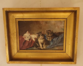 Peinture à l'huile originale, ancienne, de chatons/chats, toile encadrée, 1907. Signé E. Gaudin