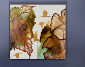 Wood,Leaf,Original Art,Abstract work,Oil/Acrylic on cotton canvas,2 pieces,Gold birds,Large painting Home decor,W15”xH30”x2, varnished