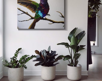 Original 3D LargeOil/Acrylic Textured Gold paint Colorful Hummingbird Home Decor Wall Art 24”X30” Animal Purple Blue Green Beautiful