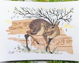 Original Silver Birch Collage Painting - "Golden threads" - Gouache fantasy deer